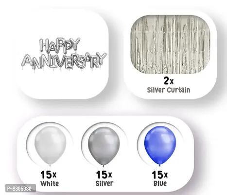 63  Pieces 15 White , 15 Silver And 15 Blue Metallic Foil Balloons, 16  Pieces Silver Happy Anniversary Letters Foil Balloon, 2  Pieces Silver Curtains-thumb2