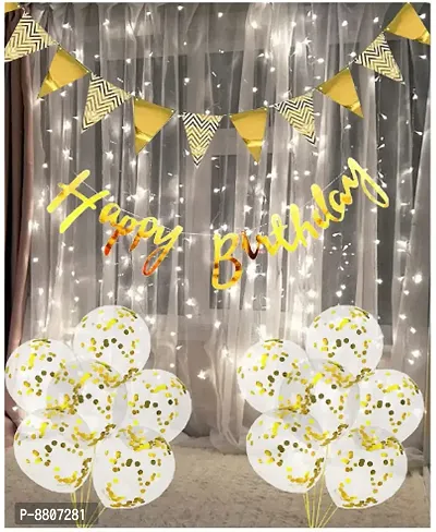 Happy Birthday Banner Net Curtain-LED Lights Confetti Balloons-  Set Of 15 Pieces
