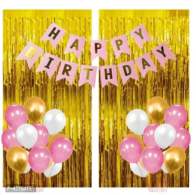 33 Pcs Super Combo Happy Birthday Banner + Gold Fringe Curtain + Pink,white and gold Metallic Balloons-thumb0