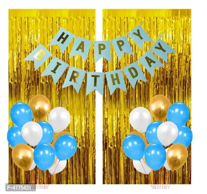 33 Pcs Super Combo Happy Birthday Banner + Gold Fringe Curtain + Blue,white and gold Metallic Balloons