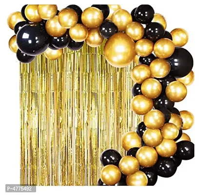102 Luxuries Decoration Combo  Golden Fringe Curtains +Black and Golden Metallic Balloons