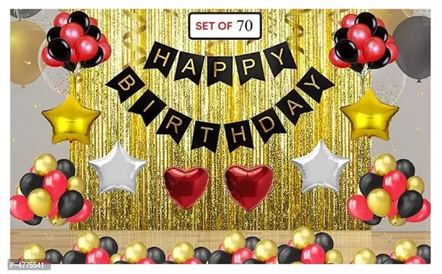 70pcs  Birthday Celebration Combo  Happy birthday Banner + Multi Metallic Balloons + Theme foil Balloons and Golden Fringe Curtains-thumb0