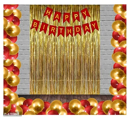 Standard 53 Pcs Combo Happy Birthday  Banner  + Golden Fringe Curtain  + Red and Golden Metallic Balloons-thumb0