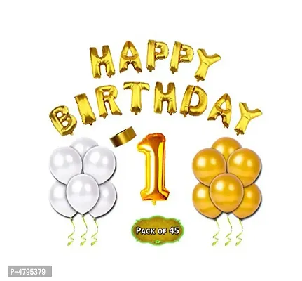 45pcs Theme  1st  Birthday Combo  Happy Birthday Foil Balloon + 1 Number Foil Balloon+ Metallic Balloons  + Ribbon