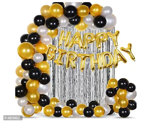 Blooms 63 Pcs Combo Happy Birthday Letter Foil Balloon  + Silver Fringe Curtain  + Metallic Balloons