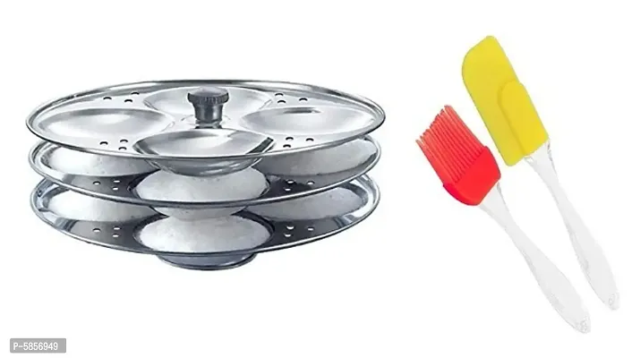 Stainless Steel Idli Stand idli Maker 4 silver plate + Silicone Spetula and Oil Brush Set