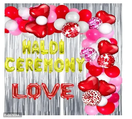 Haldi Ceremony Decoration Items of Golden Foil Letters, Hearts, Balloons and Curtains | 62 Pcs Party Decoration for Marriage-thumb0