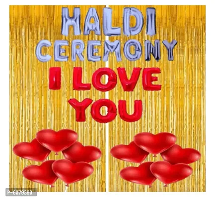 golden  theme  Haldi Ceremony Decoration Items  / HALDI CEREMONY, I LOVE YOU Foil Letters, Foil Curtains, Red Heart Balloons ( Pack of 33)-thumb0