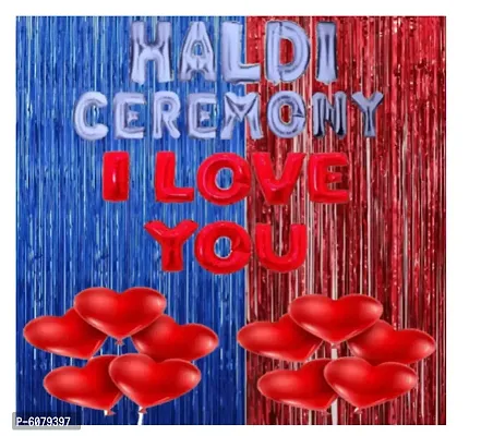 Blue and Red theme  Haldi Ceremony Decoration Items  / HALDI CEREMONY, I LOVE YOU Foil Letters, Foil Curtains, Red Heart Balloons ( Pack of 33)-thumb0