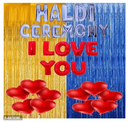 blue and golden  theme  Haldi Ceremony Decoration Items  / HALDI CEREMONY, I LOVE YOU Foil Letters, Foil Curtains, Red Heart Balloons ( Pack of 33)-thumb0