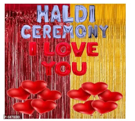 Red and Golden  theme  Haldi Ceremony Decoration Items  / HALDI CEREMONY, I LOVE YOU Foil Letters, Foil Curtains, Red Heart Balloons ( Pack of 33)