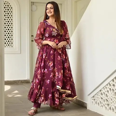 Fancy Georgette Printed Anarkali Kurta With Dupatta Set