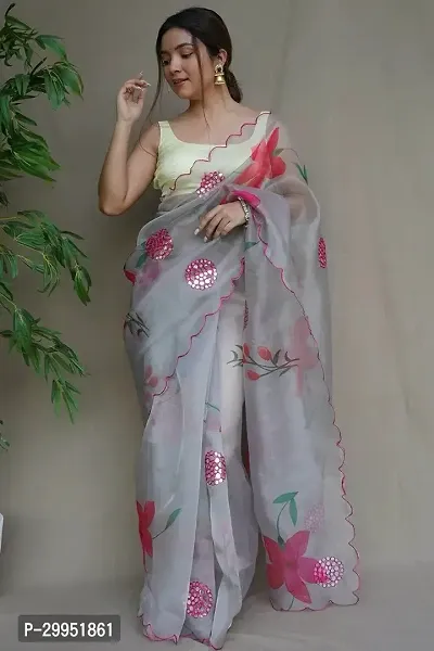 Elegant Grey Organza Printed Saree With Blouse Piece For Women-thumb0