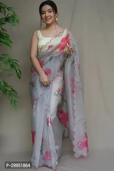 Elegant Grey Organza Printed Saree With Blouse Piece For Women-thumb0