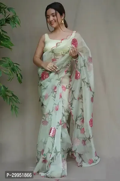 Elegant Green Organza Printed Saree With Blouse Piece For Women-thumb0