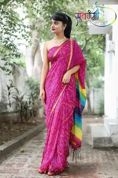 Art Silk Block Print Bandhej Sarees With Blouse Piece