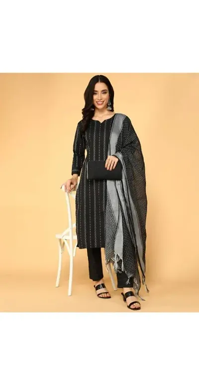 Stylish Anarkali Cotton Kurta, Bottom And Dupatta Set