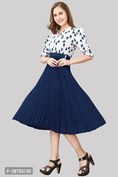 Beautiful Printed Crepe Midi Blue  White Dress For Women