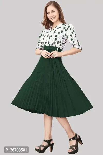 Beautiful Printed Crepe Midi Green  White Dress For Women-thumb0