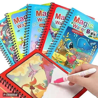 Kid's Magic Water Coloring Books Unlimited Fun with Drawing Reusable Water-Reveal Activity Pad, Chunky-Size Water Pen for Kids - Random Design [5 Books | 5 pens]-thumb0
