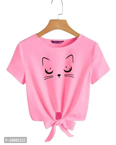 JMD Collection HUB Women's Short Sleeve Crew Neck Tie Front Cat Print Cropped T-Shirt Top (S, Pink)-thumb5