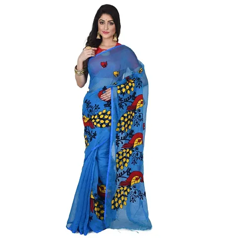 NILUS Cotton-Silk Traditional and Gorgeous Design Handloom Saree with Blouse Piece For Women/Girls (Parties/Pooja/Festival) (Blue)