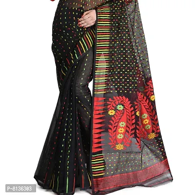 NILUS Self Design Hazarbooti Dhakai Jamdani Cotton Silk Saree (Red, Black)-thumb3