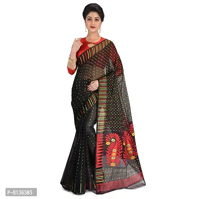 NILUS Self Design Hazarbooti Dhakai Jamdani Cotton Silk Saree (Red, Black)-thumb0