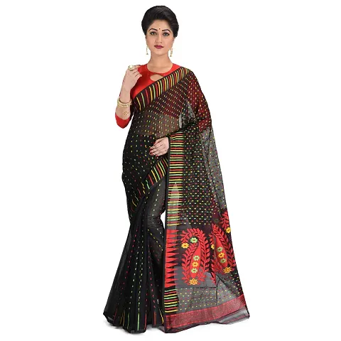 NILUS Self Design Hazarbooti Dhakai Jamdani Silk Saree (Red, Black)