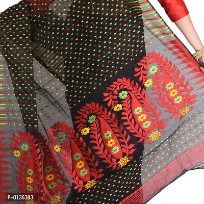 NILUS Self Design Hazarbooti Dhakai Jamdani Cotton Silk Saree (Red, Black)-thumb4