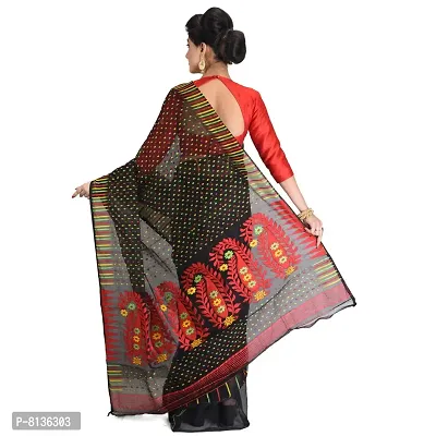 NILUS Self Design Hazarbooti Dhakai Jamdani Cotton Silk Saree (Red, Black)-thumb2