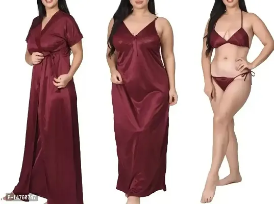 Elegant Brown Silk Solid 3 Pcs Nighty Dress For Women