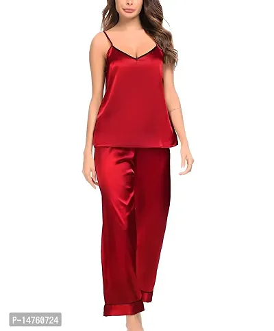 Elegant Red Silk Solid Nightdress For Women