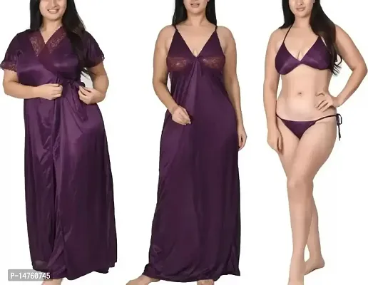 Elegant Purple Silk Solid 4 Pcs Nighty Dress For Women