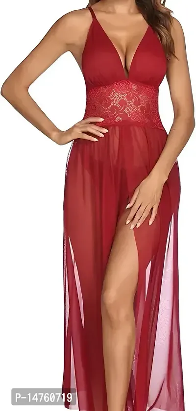 Elegant Red Silk Solid Nightdress For Women-thumb0