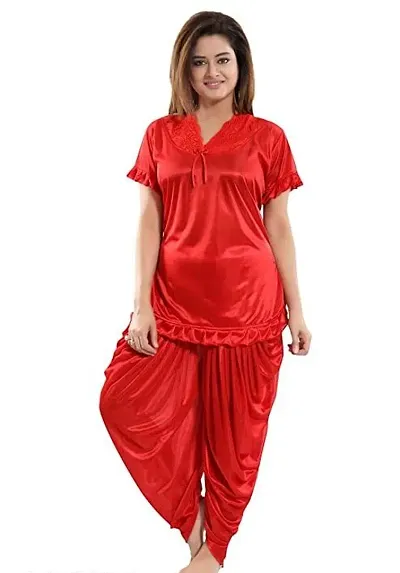 Kavanng Women's Satin Patiyala Nighty, Soft and Stylish Satin Nightwear for Women, Silky Night Suit Set, Fashionable Stylish Satin Patiyala Nightwear for Women
