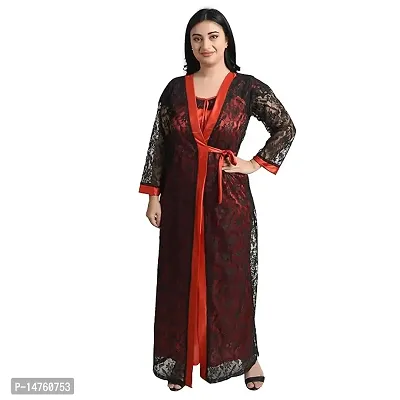 Elegant Black Silk Solid 3 Pcs Nighty Dress For Women