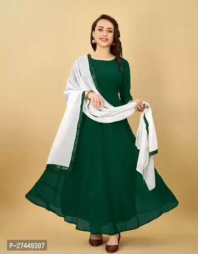 Gorgeous Green Solid Georgette Festivewear Gown With Dupatta For Women-thumb0