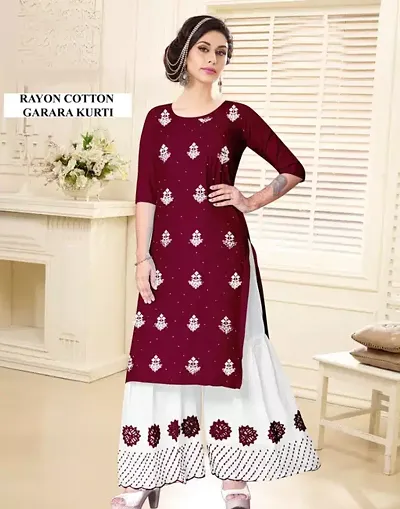 Stylish Rayon Embroidered Kurta Palazzo Set