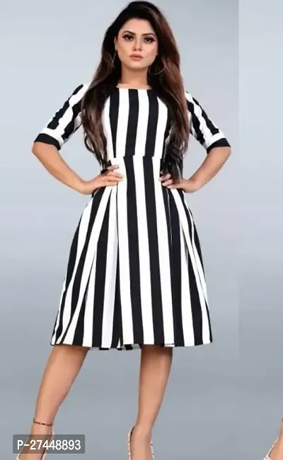 Stylish White Crepe Striped Fit And Flare Dress For Women-thumb0