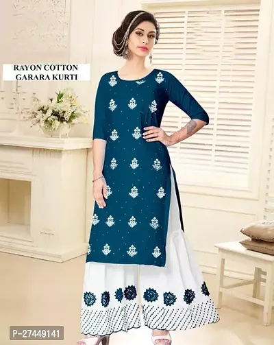 Stylish Blue Rayon Kurta With Palazzo For Women