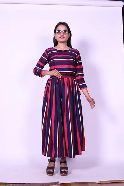 Stylish Crepe Striped Fit And Flare Dress For Women