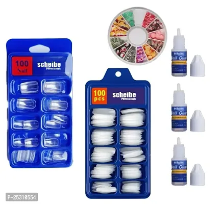 100 pcs White Nails, 100 pcs Transparent Nails, 3 pcs Nail Glue and 1 pc Nail Art Wheel Combo