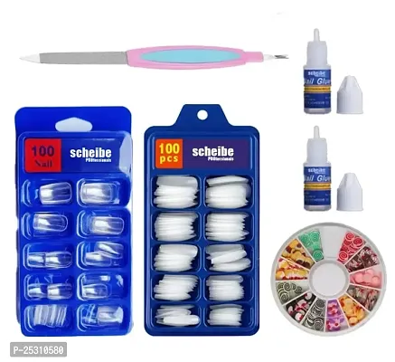 100 pcs Transparent Nails, 100 pcs White Nails, 2 pcs Nail Glue, 1 PC Nail Art Wheel and 1 pc Nail Filer Combo