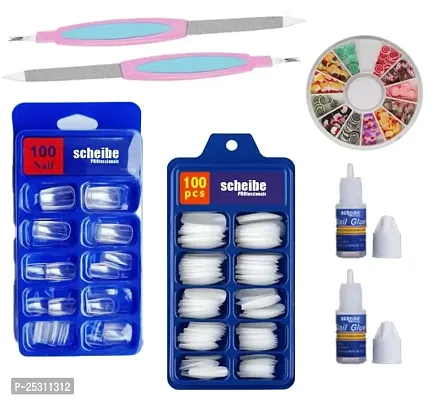 100 pcs Transparent Nails, 100 pcs White Nails, 2 pcs Nail Glue, 1 pc Nail Art Wheel and 2 pcs Nail Filer Combo