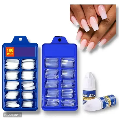 Artificial Nails 100 White 100 Transparent With 2 Nail Glue Combo-thumb0