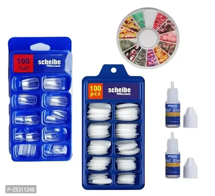 100 pcs Transparent Nails, 100 pcs White Nails, 2 pcs Nail Glue and 1 PC Nail Art Wheel Combo-thumb0