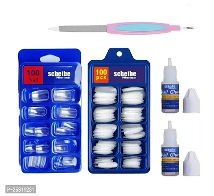 100 pcs Transparent Nails, 100 pcs White Nails, 2 pcs Nail Glue and 1 pc Nail Filer Combo-thumb0