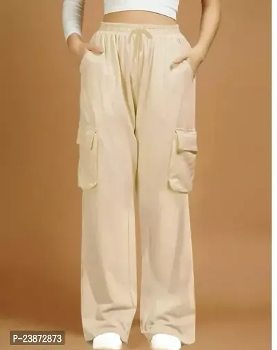 Elegant Off White Cotton Solid Trousers For Women