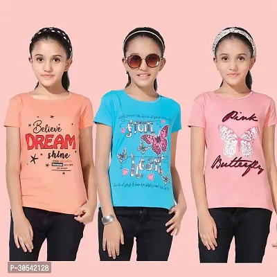 Girls Cotton Printed T-Shirt (Pack of 3 )